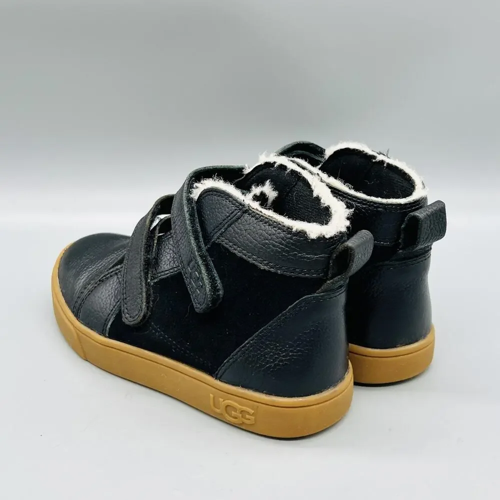 UGG Boots Boys 12 Black Leather Rennon II Hook & Loop High Top Shoes Winter